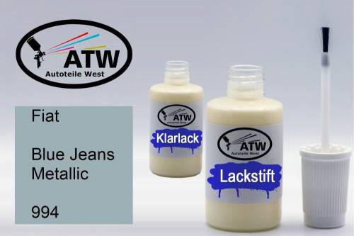 Fiat, Blue Jeans Metallic, 994: 20ml Lackstift + 20ml Klarlack - Set, von ATW Autoteile West.